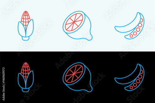 Set line Green peas, Corn and Lemon icon. Vector
