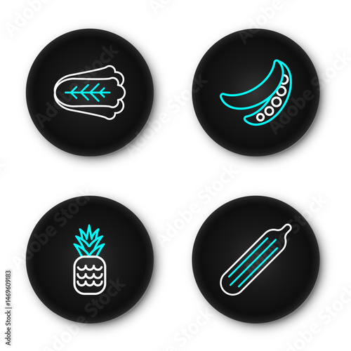 Set line Fresh cucumber, Pineapple, Green peas and Cabbage icon. Vector