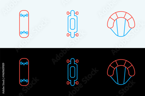 Set line Parachute, Skateboard trick and Longboard or skateboard icon. Vector