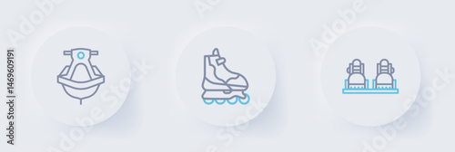 Set line Snowboard, Roller skate and Jet ski icon. Vector