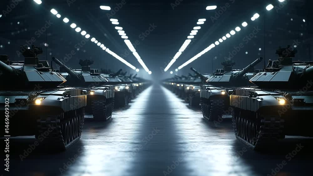 A powerful fleet of military tanks, lined up in a massive factory hall, their metallic surfaces gleaming under bright industrial lights, showcasing raw strength and engineering pre