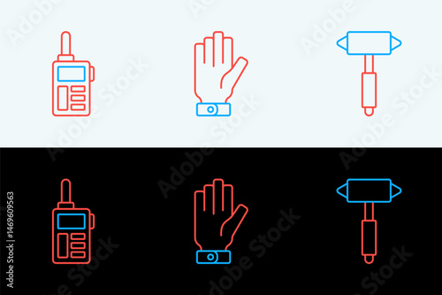Set line Firefighter axe, Walkie talkie and gloves icon. Vector