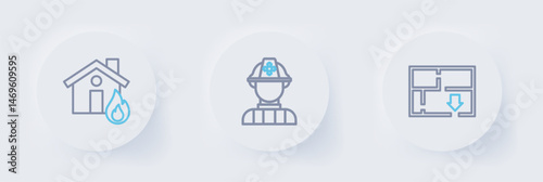 Set line Evacuation plan, Firefighter and in burning house icon. Vector