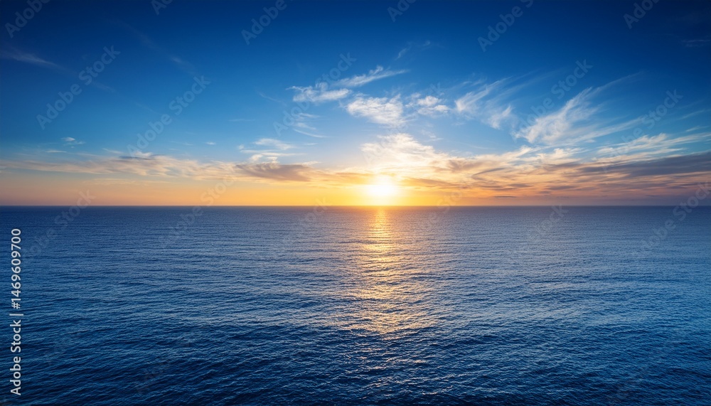 Naklejka premium sunset over the vast ocean with a blue sky and calm sea surface