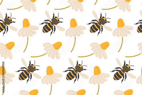 Colorful pattern of bees and flowers creating a cheerful garden atmosphere