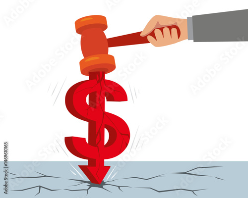 Business Man Hand Hammer Hit Dollar Signs Cracked. Finance Crisis Concept. Cartoon Vector Illustration.