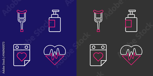 Set line Heart rate, Doctor appointment, Hand sanitizer bottle and Crutch crutches icon. Vector