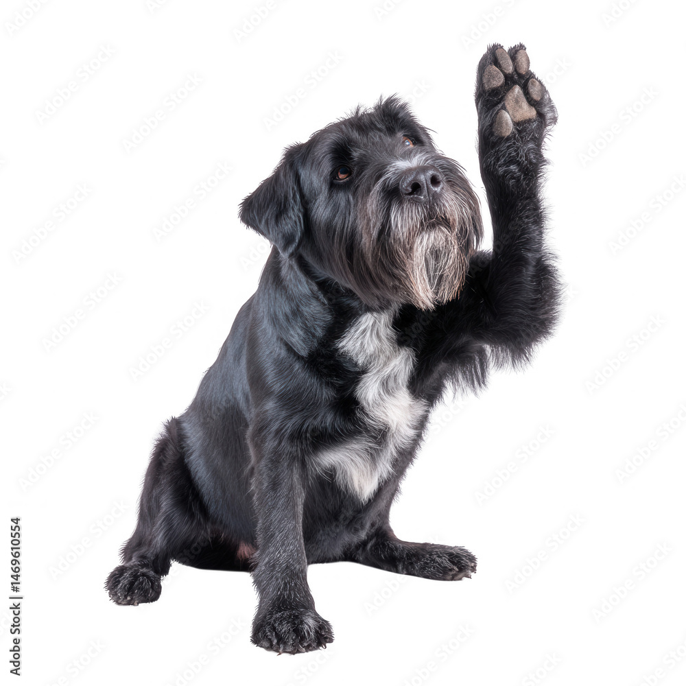 A playful black dog raising its paw in a friendly gesture, showcasing its cheerful personality against a white isolated background. A playful black dog raising its paw in a friendly gesture, showcasing its cheerful personality against a white isolated background.