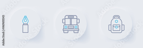 Set line School backpack, Bus and Fountain pen nib icon. Vector