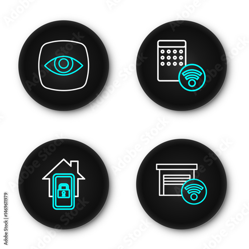 Set line Smart garage, Mobile with smart home, Air humidifier and Security camera icon. Vector