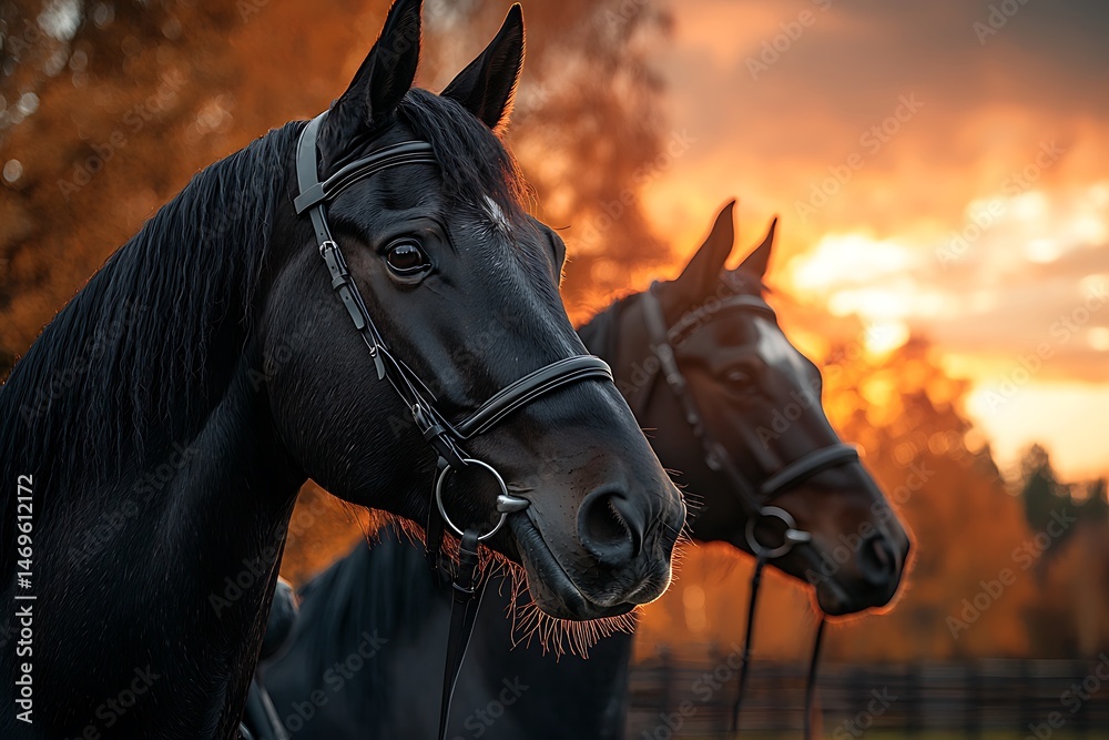Obraz premium Two majestic black horses in autumnal setting.