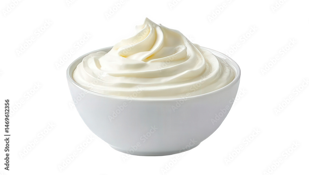 Delicious whipped cream in a white bowl on a transparent background, perfect for desserts and beverages, adding a creamy texture and rich flavor at any time of the day