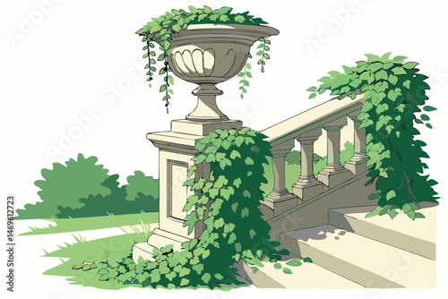 59 highly detailed, photo-realistic, award-winning photograph of a lush, overflowing garden planter filled with vibrant green plants and vines cascading over the edges, in an elegant, ornate stone urn