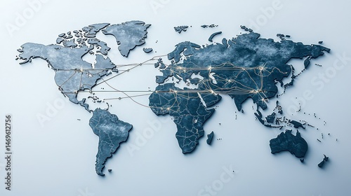 Global connectivity map.  Network of international connections across continents.  Detailed world map with highlighted trade routes and global interactions