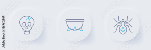 Set line Spider, Halloween witch cauldron and Skull icon. Vector