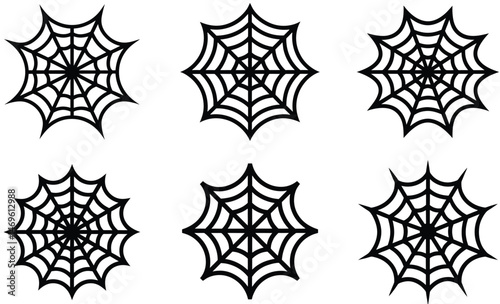 Vector illustration of six spooky black spider webs in a simple flat design