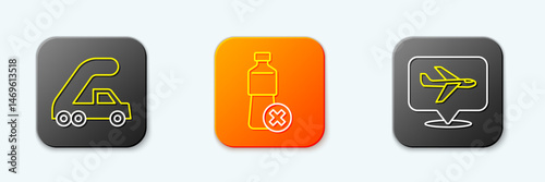 Set line Passenger ladder for plane boarding, No water bottle and Plane icon. Vector