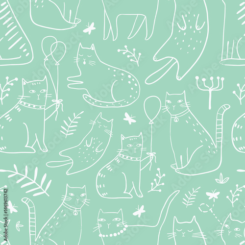 Seamless pattern with cute Kittens in diferent style. Creative childish texture. Great for fabric, textile Vector Illustration
