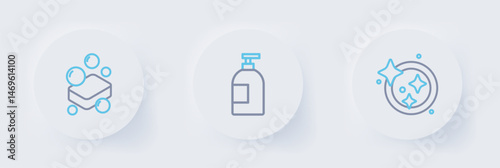 Set line Washing dishes, Dishwashing liquid bottle and Bar of soap icon. Vector
