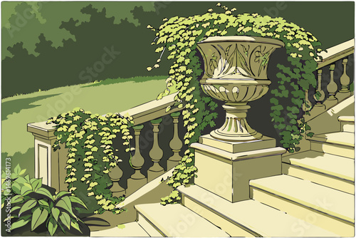 59 highly detailed, photo-realistic, award-winning photograph of a lush, overflowing garden planter filled with vibrant green plants and vines cascading over the edges, in an elegant, ornate stone urn