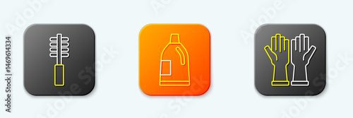 Set line Toilet brush, Bottle for cleaning agent and Rubber gloves icon. Vector