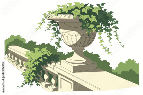 59 highly detailed, photo-realistic, award-winning photograph of a lush, overflowing garden planter filled with vibrant green plants and vines cascading over the edges, in an elegant, ornate stone urn