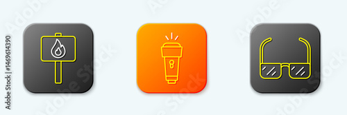 Set line Protest, Flashlight and Safety goggle glasses icon. Vector