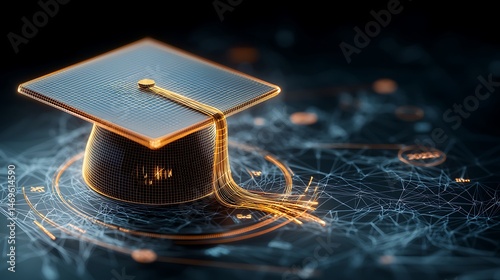 Futuristic graduation cap, digital data overlay