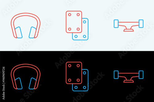 Set line Skateboard wheel, Headphones and Knee pads icon. Vector