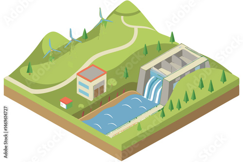 60 detailed 3d illustration, isometric view, hydroelectric dam, wind turbines, river, waterfall, power plant, countryside, lush green landscape, realistic environmental scenery