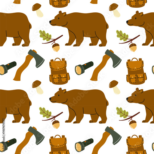 Pattern featuring bears, camping gear, and nature elements in a playful design
