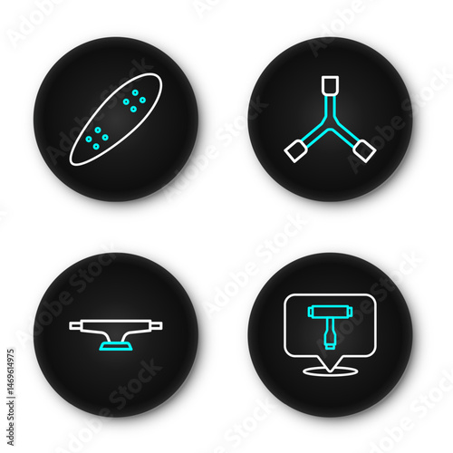 Set line Skateboard T tool, wheel, Y-tool and Longboard or skateboard icon. Vector