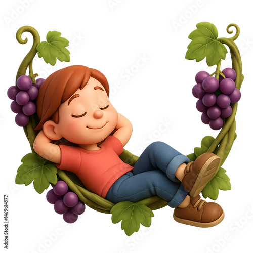 Relaxing child in a grape vine hammock garden digital art cheerful atmosphere close-up playfulness