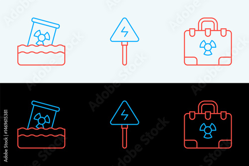 Set line Radiation nuclear suitcase, Radioactive waste in barrel and High voltage sign icon. Vector