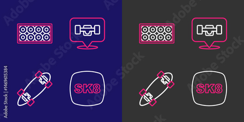 Set line Skateboard, Longboard or skateboard, wheel and icon. Vector