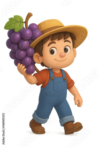 Farm boy carrying grapes vineyards cartoon character playful environment front view agriculture concept
