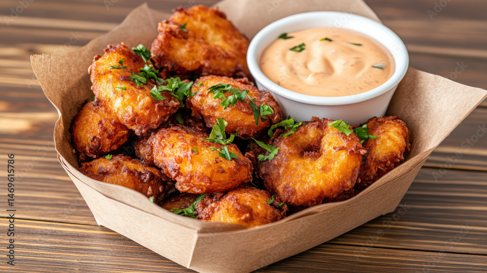 Fototapeta premium Crispy fried snacks served with creamy dipping sauce, garnished with herbs