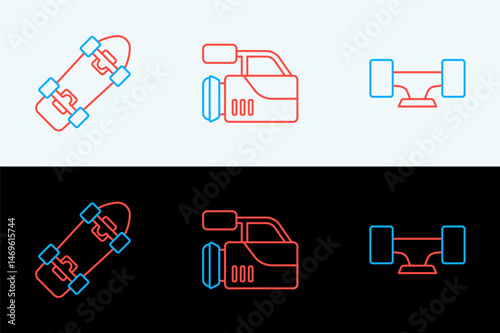 Set line Skateboard wheel, and Cinema camera icon. Vector