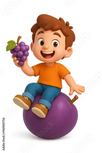 Playful child with grapes sitting on a purple fruit bright studio background 3d animation fun and whimsical concept