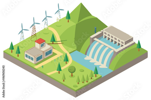60 detailed 3d illustration, isometric view, hydroelectric dam, wind turbines, river, waterfall, power plant, countryside, lush green landscape, realistic environmental scenery