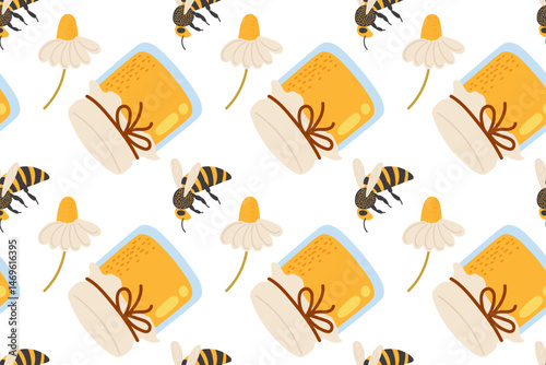 Brightly colored bees and honey jars designed in a cheerful pattern for a summer theme