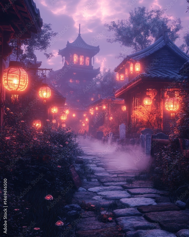 Naklejka premium Misty Asian village at twilight. Lanterns illuminate the path