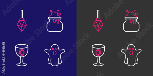 Set line Ghost, Medieval goblet, Witch cauldron and Magic stone icon. Vector
