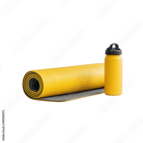 A vibrant yellow yoga mat rolled up beside a matching water bottle. Perfect for fitness enthusiasts who value style and practicality in their workout gear.