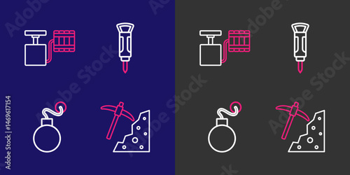 Set line Pickaxe, Bomb, Construction jackhammer and Handle detonator icon. Vector