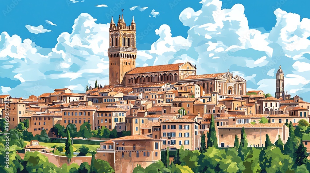 Obraz premium European city skyline, illustration, medieval architecture, sunny day, background, tourism, stock