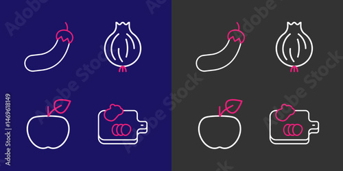 Set line Cutting board with vegetables, Apple, Garlic and Eggplant icon. Vector