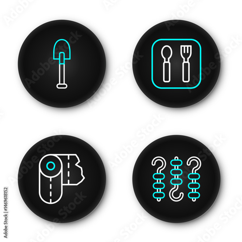 Set line Grilled shish kebab on skewer, Paper towel roll, Fork and spoon and Shovel icon. Vector
