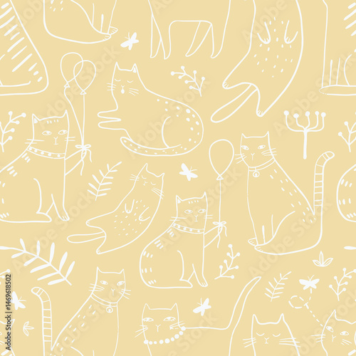 Seamless pattern with cute Kittens in diferent style. Creative childish texture. Great for fabric, textile Vector Illustration
