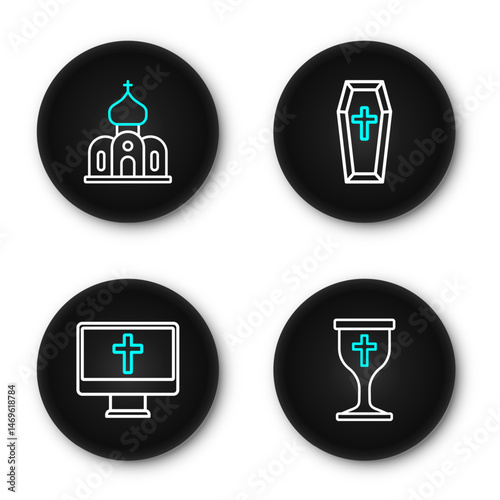 Set line Christian chalice, cross on monitor, Coffin and Church building icon. Vector